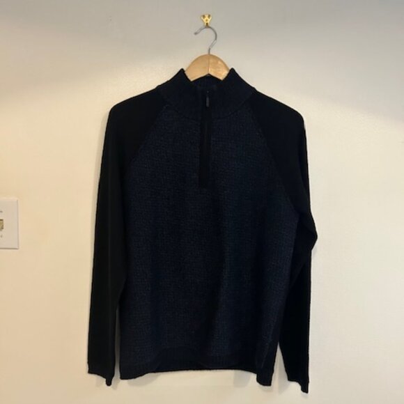 Kinross Men's Cashmere Quarter Zip in Black/Blue Sweater- Size Medium - Picture 1 of 7